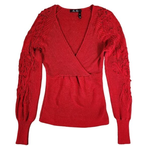 Moi Moi Red Deep V-NECK  Cherry Ribbed Cotton  Sweater - Picture 1 of 14